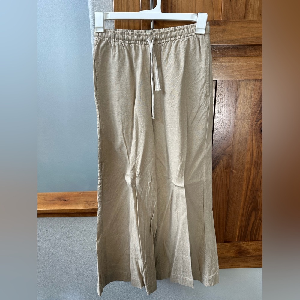 Max Studio Beige Drawstring Linen-Blend Chinos